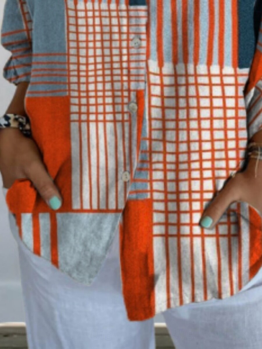 Women's Blouse Geometric Color Block Daily Stylish Long Sleeve Shirt Collar Regular Tops Daily Holiday Buttons Print Blue Summer