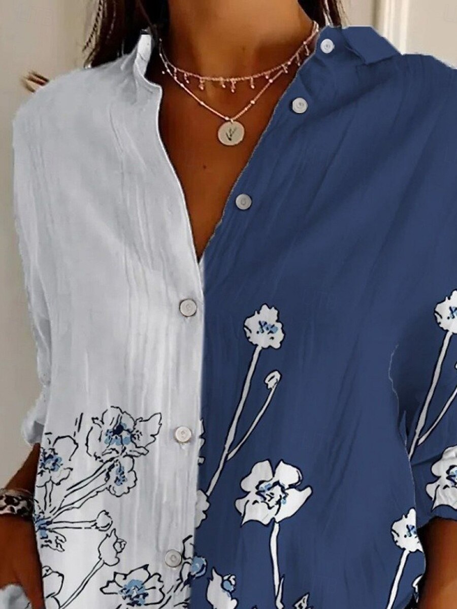 Women's Shirt Floral Active Daily Stylish Long Sleeve Shirt Collar Regular Tops Daily Holiday Buttons Print Blue Spring Fall