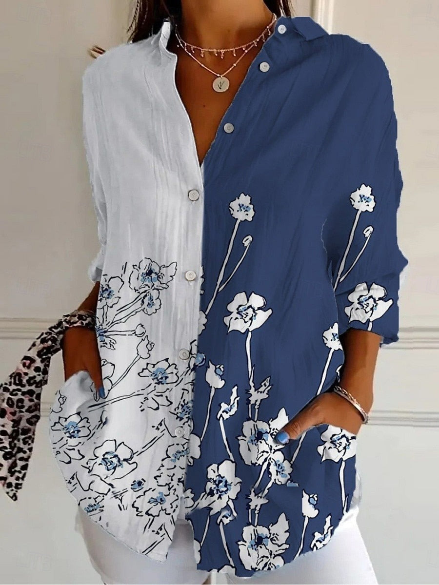Women's Shirt Floral Active Daily Stylish Long Sleeve Shirt Collar Regular Tops Daily Holiday Buttons Print Blue Spring Fall