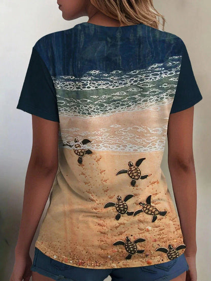 Women's T Shirt Ocean Casual Short Sleeve Round Neck Regular Tops Daily Print Blue Summer Spring