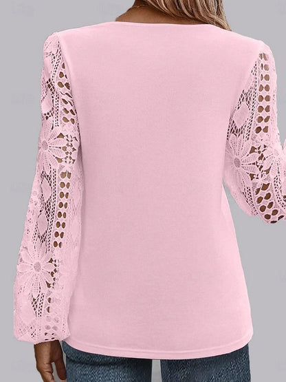 Women's White Elegant Lace Tops Eyelet Blouse Casual Solid Color Regular Tops Long Sleeve Asymmetrical Lace Patchwork Regular Fit Daily Black White Pink Romantic Petite Tops Summer Holiday Wear