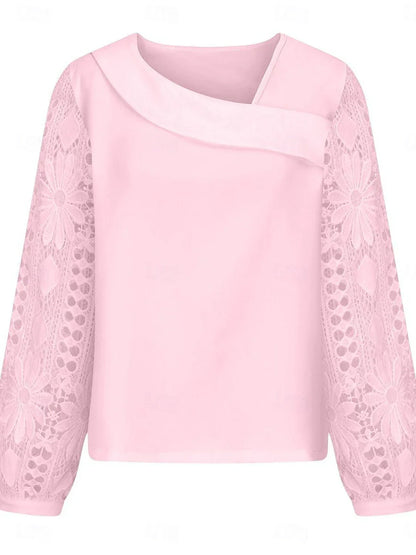 Women's White Elegant Lace Tops Eyelet Blouse Casual Solid Color Regular Tops Long Sleeve Asymmetrical Lace Patchwork Regular Fit Daily Black White Pink Romantic Petite Tops Summer Holiday Wear
