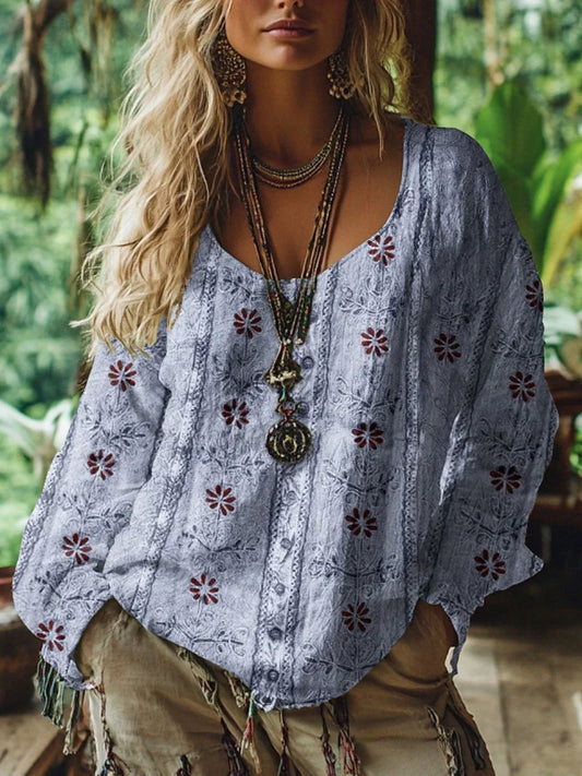 Women's Western Blouse Boho Shirt Blouse Flower Modern Casual Long Sleeve V Neck Regular Tops Daily Holiday Going out Print Light Green Pink Blue Purple Green Summer Autumn