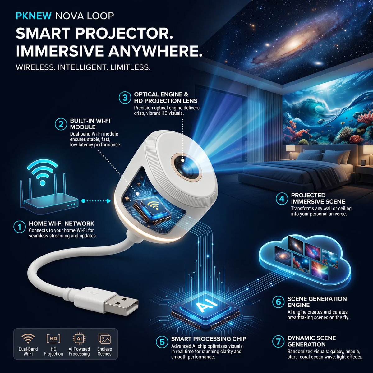 🎄PKNEW® NEXT-GEN SMART PROJECTION HD Smart Dynamic 5D Holographic Night Light Projector🎈