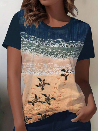 Women's T Shirt Ocean Casual Short Sleeve Round Neck Regular Tops Daily Print Blue Summer Spring