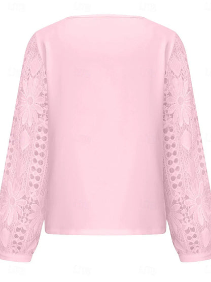 Women's White Elegant Lace Tops Eyelet Blouse Casual Solid Color Regular Tops Long Sleeve Asymmetrical Lace Patchwork Regular Fit Daily Black White Pink Romantic Petite Tops Summer Holiday Wear